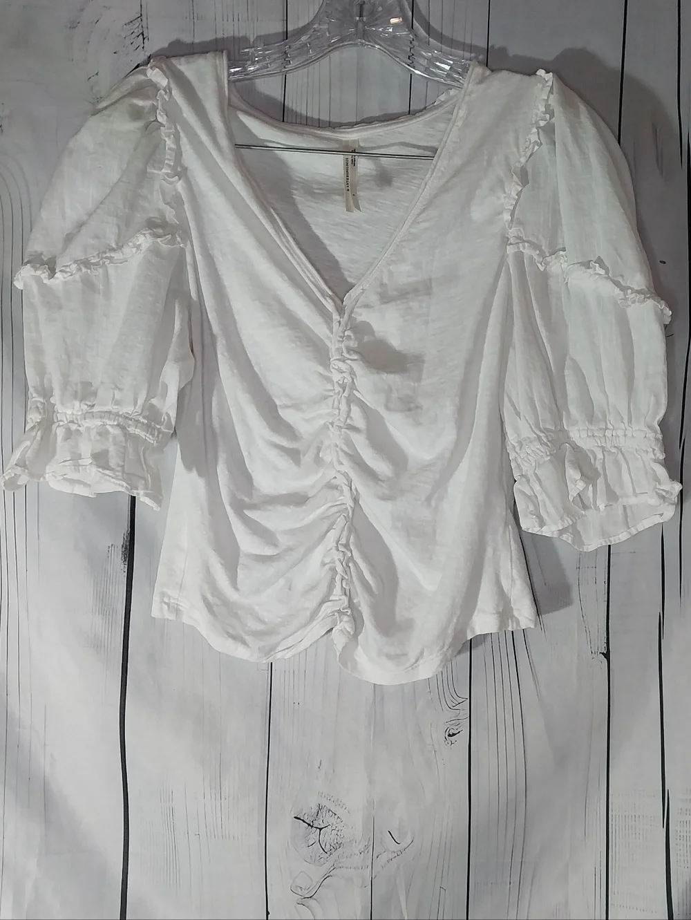 Anthropologie White Ruched V-Neck Puff Sleeve Peasant Boho 100% Cotton Top